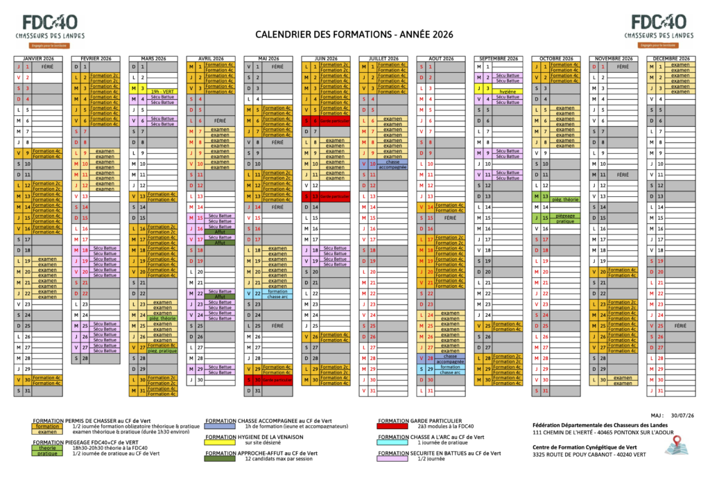 Calendrier formations 2026 au 30JUILL26
